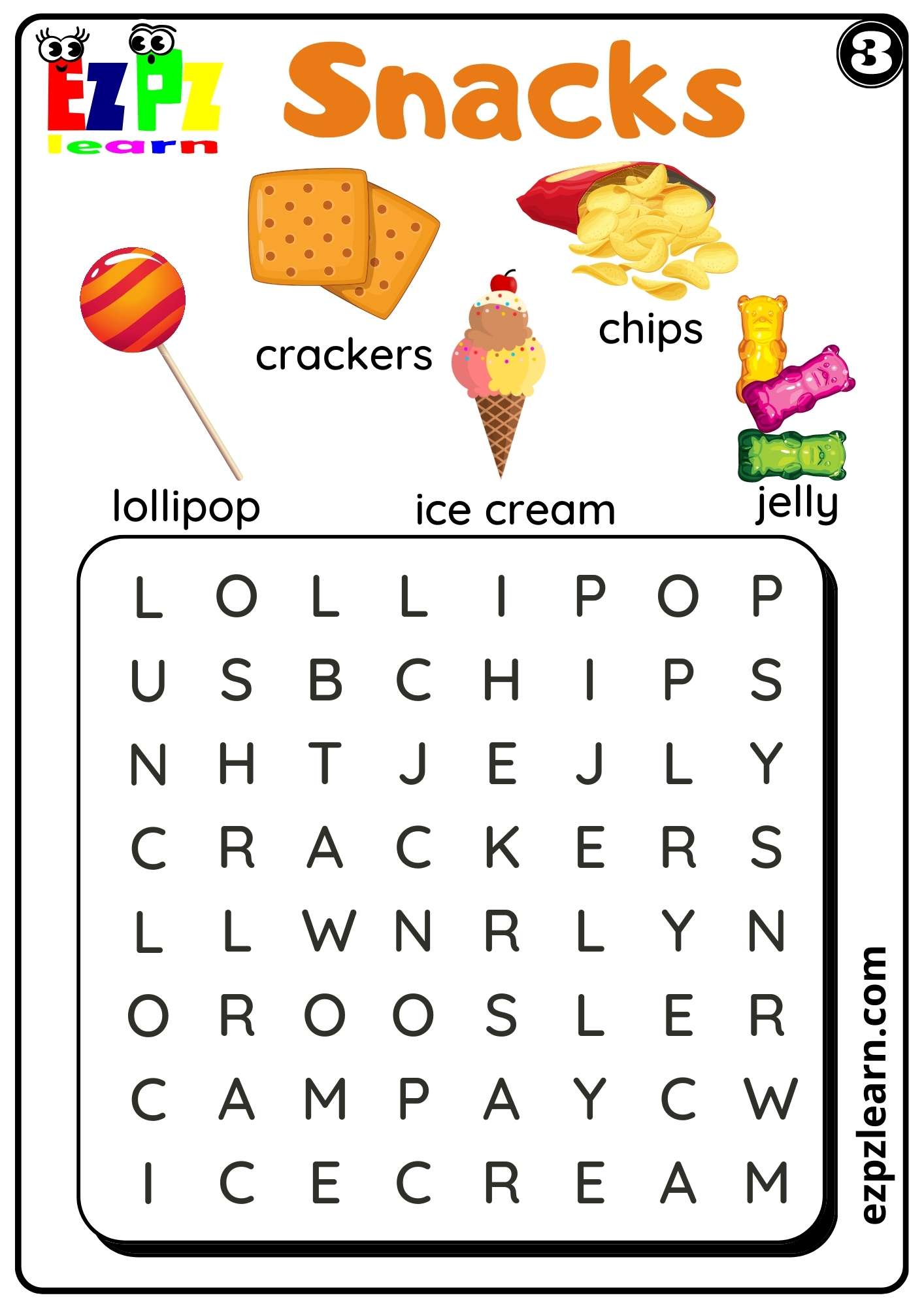 Snacks Word Search Worksheet For ESL and Kindergarten K5 Teachers Set 3 PDF Download 